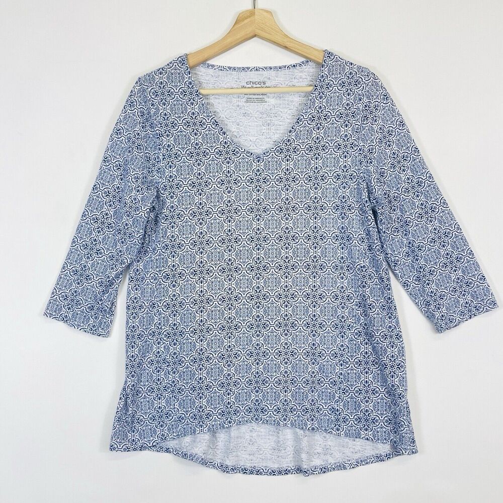 Chico's Blue White Mosaic 3/4 Sleeve V-Neck Ultimate Tee Top Women's 0 Small 4‎